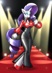 Size: 1080x1515 | Tagged: safe, artist:redflare500, rarity, unicorn, anthro, unguligrade anthro, g4, bodysuit, breasts, catwalk, clothes, dress, eyeshadow, female, high heels, latex, latex dress, lipstick, makeup, shoes, smiling, solo