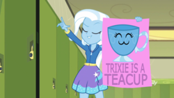 Size: 1920x1080 | Tagged: safe, artist:bob-finnski, edit, edited screencap, screencap, trixie, equestria girls, equestria girls series, forgotten friendship, g4, canterlot high, clothes, cup, eyes closed, hallway, hoodie, lockers, meme, pointing, teacup, that pony sure does love teacups, trixie's poster