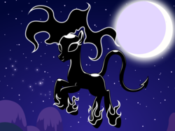 Size: 2950x2212 | Tagged: safe, artist:badumsquish, derpibooru exclusive, oc, oc only, demon, monster pony, nightmare (species), original species, pony, constellation, dark, devil tail, female, fire, flying, full moon, high res, looking at you, mane of fire, mare, moon, mountain, night, nightmare, pose, sky, smiling, when you see it