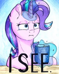 Size: 5793x7240 | Tagged: safe, artist:lightisanasshole, starlight glimmer, pony, unicorn, g4, :i, abstract background, blue background, blue eyes, chocolate, cup, dialogue, ear fluff, empathy cocoa, female, food, frown, glowing horn, horn, hot chocolate, i mean i see, levitation, lidded eyes, looking at you, magic, mare, marshmallow, meme, mug, parody, reaction image, serious, serious face, simple background, solo, table, telekinesis, text, traditional art, watercolor painting, wide eyes