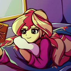 Size: 1500x1500 | Tagged: safe, artist:rockset, sunset shimmer, equestria girls, g4, cellphone, clothes, cute, female, pajamas, phone, prone, shimmerbetes, smiling, solo, texting