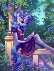 Size: 2067x2700 | Tagged: safe, artist:holivi, oc, oc only, unicorn, anthro, unguligrade anthro, g4, anthro oc, black lipstick, book, bow, breasts, clothes, commission, delicious flat chest, dress, female, goth, high res, legs, lipstick, mare, reading, sitting, small breasts, solo, unshorn fetlocks