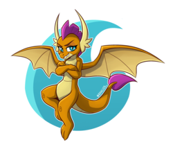 Size: 2818x2386 | Tagged: safe, artist:kavalliernc, smolder, dragon, g4, abstract background, crossed arms, dragoness, female, flying, high res, signature, smiling, smirk, solo, spread wings, wings