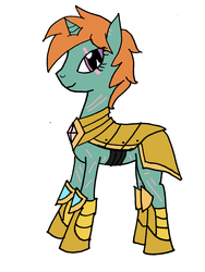 Size: 2448x3264 | Tagged: safe, artist:flashcake, artist:icicle-niceicle-1517, color edit, edit, oc, oc only, oc:emerald spear, pony, unicorn, armor, colored, eye scar, female, high res, lesbian, mare, scar, simple background, solo, white background