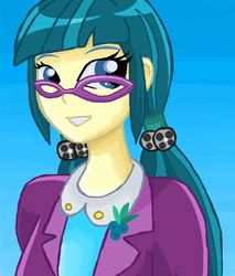 Size: 600x705 | Tagged: safe, artist:sarahgdo, juniper montage, equestria girls, g4, clothes, glasses, hair ornament, jacket, pigtails, pin, simple background, smiling