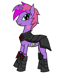 Size: 2448x3264 | Tagged: safe, artist:flashcake, artist:icicle-niceicle-1517, color edit, edit, oc, oc only, oc:nova night, pony, unicorn, armor, colored, ear piercing, earring, female, high res, jewelry, mare, piercing, simple background, solo, tattoo, white background