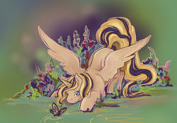 Size: 1000x694 | Tagged: safe, artist:saint-juniper, oc, oc only, oc:tyr, alicorn, butterfly, pony, fanfic:myths and birthrights, alicorn oc, solo