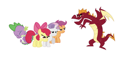 Size: 750x371 | Tagged: safe, artist:ex-machinart, artist:iamcommando13, artist:itsmeevo, artist:shipwright, artist:silentmatten, edit, editor:undeadponysoldier, apple bloom, garble, scootaloo, spike, sweetie belle, dragon, earth pony, pegasus, pony, unicorn, g4, angry, crying, cutie mark crusaders, female, filly, protecting, reupload, simple background, spike justice warriors, spikelove, vector, white background