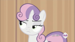 Size: 1334x750 | Tagged: safe, screencap, sweetie belle, pony, unicorn, for whom the sweetie belle toils, g4, annoyed, female, filly, foal, frown, hub logo, listening, multicolored mane, narrowed eyes, solo, sweetie belle is not amused, unamused