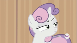 Size: 1334x750 | Tagged: safe, screencap, sweetie belle, pony, unicorn, for whom the sweetie belle toils, g4, female, filly, foal, frown, hub logo, listening, multicolored mane, raised eyebrow, solo, squint, suspicious, sweetie belle is not amused, unamused