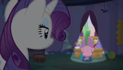 Size: 1106x628 | Tagged: safe, screencap, rarity, spike, dragon, pony, unicorn, dragon dropped, g4, clothes, pajamas, quill, smiling, spike's room, twilight's castle, winged spike, wings
