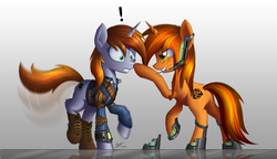Size: 2500x1444 | Tagged: safe, artist:duskie-06, oc, oc only, oc:duskie, oc:littlepip, pony, unicorn, fallout equestria, boop, butt, clothes, duo, exclamation point, fanfic, fanfic art, female, grin, gritted teeth, hooves, horn, jumpsuit, mare, pipbuck, plot, simple background, smiling, vault suit, white background