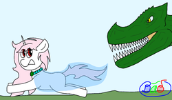 Size: 1463x850 | Tagged: safe, artist:dao, oc, oc only, oc:snowiine blurose, dinosaur, pony, unicorn, cape, clothes, jewelry, necklace, running, scared, solo