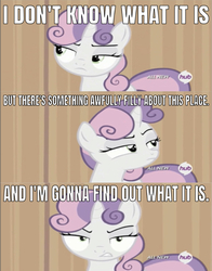 Size: 641x819 | Tagged: safe, edit, edited screencap, editor:undeadponysoldier, screencap, sweetie belle, for whom the sweetie belle toils, g4, all new, angry, caption, comic, gritted teeth, hub logo, image macro, looking at you, meme, pun, screencap comic, suspicious, sweetie belle is not amused, text, unamused, wrong aspect ratio