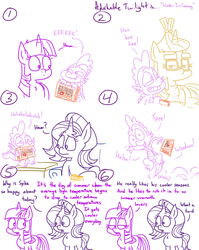 Size: 1280x1611 | Tagged: safe, artist:adorkabletwilightandfriends, moondancer, spike, starlight glimmer, twilight sparkle, alicorn, dragon, pony, unicorn, comic:adorkable twilight and friends, g4, adorkable, adorkable twilight, calendar, comic, cute, dancing, dork, excited, funny, happy, humor, jumping, poop, sitting, slice of life, spikabetes, summer, temperature, twilight sparkle (alicorn), winter is coming