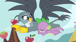 Size: 929x520 | Tagged: safe, screencap, gabby, spike, dragon, griffon, dragon dropped, g4, eyes closed, flying, winged spike, wings