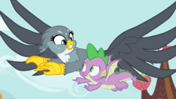 Size: 935x526 | Tagged: safe, screencap, gabby, spike, dragon, griffon, dragon dropped, g4, flying, winged spike, wings
