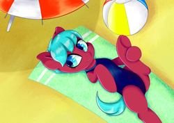 Size: 3507x2480 | Tagged: safe, artist:kaiju, oc, oc:windsweeper, pony, beach, beach ball, clothes, high res, hoof on leg, lying down, on back, one-piece swimsuit, sand, short mane, short tail, swimsuit, towel, umbrella