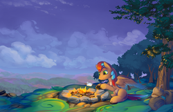 Size: 2550x1650 | Tagged: safe, artist:viwrastupr, oc, oc only, pegasus, pony, campfire, food, forest, marshmallow, saddle bag, scenery, solo