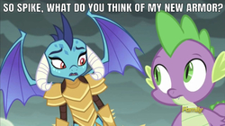 Size: 641x358 | Tagged: safe, edit, edited screencap, editor:undeadponysoldier, screencap, princess ember, spike, dragon, gauntlet of fire, armor, caption, dialogue, discovery family logo, dragoness, duo, female, image macro, male, text
