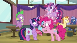 Size: 1920x1080 | Tagged: safe, screencap, cup cake, golden crust, midnight snack (g4), pinkie pie, spike, twilight sparkle, alicorn, dragon, earth pony, pony, unicorn, a trivial pursuit, g4, balloon, female, friendship student, male, mare, saddle bag, shrunken pupils, stallion, twilight sparkle (alicorn), winged spike, wings