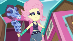 Size: 1366x768 | Tagged: safe, edit, edited screencap, screencap, fluttershy, equestria girls, g4, my little pony equestria girls: choose your own ending, the road less scheduled, the road less scheduled: fluttershy, clothes, eyeshadow, female, flutterpunk, goth, jewelry, makeup, midriff, piercing, punk, ripped pants, skull, sleeveless, solo, staff, tank top