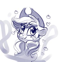 Size: 2000x2000 | Tagged: safe, artist:dimfann, applejack, earth pony, pony, g4, bust, cute, female, floating heart, heart, high res, jackabetes, monochrome, portrait, simple background, sketch, solo, white background