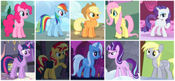 Size: 1166x542 | Tagged: safe, artist:3d4d, applejack, derpy hooves, fluttershy, pinkie pie, rainbow dash, rarity, starlight glimmer, sunset shimmer, trixie, twilight sparkle, alicorn, boast busters, equestria girls, g4, princess twilight sparkle (episode), rainbow falls, the cutie map, mane six, saddle bag, twilight sparkle (alicorn)