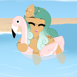 Size: 3000x3000 | Tagged: safe, artist:xcinnamon-twistx, oc, oc:oceana, flamingo, pony, beach, commission, cute, eyes closed, female, happy, high res, inflatable, inflatable flamingo, inflatable float, inflatable toy, jewelry, necklace, sunlight, ych result