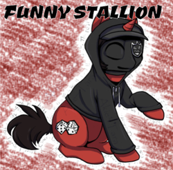 Size: 640x633 | Tagged: safe, artist:akie-tara, edit, editor:undeadponysoldier, oc, oc only, pony, unicorn, clothes, funny man, hollywood undead, hoodie, male, mask, ponified, solo, stallion