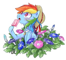 Size: 1221x1125 | Tagged: safe, artist:nota_mano, rainbow dash, pegasus, pony, g4, cute, dashabetes, female, flower, food, hoof hold, jewelry, necklace, open mouth, popsicle, solo