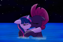 Size: 3840x2600 | Tagged: safe, artist:ejlightning007arts, tempest shadow, twilight sparkle, pony, unicorn, g4, broken horn, duo, eyes closed, female, high res, horn, kiss on the lips, kissing, lesbian, mare, ship:tempestlight, shipping, swimming, water