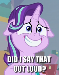 Size: 650x815 | Tagged: safe, edit, edited screencap, screencap, starlight glimmer, pony, g4, student counsel, caption, cropped, female, floppy ears, grin, image macro, nervous, nervous smile, question, smiling, solo, starlight glimmer is best facemaker, text