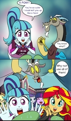 Size: 701x1194 | Tagged: safe, artist:doublewbrothers, applejack, discord, rarity, sonata dusk, sunset shimmer, twilight sparkle, oc, oc:anon, draconequus, pony, equestria girls, g4, anonpony, canterlot high, comic, cropped, cute, dialogue, looking at you, open mouth, smiling, sweat