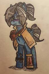 Size: 2660x3981 | Tagged: safe, artist:novel-idea, artist:rebellious_requiem, oc, oc only, oc:blue venture, pegasus, pony, fanfic:unity timeline, clothes, high res, solo, traditional art