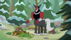 Size: 1920x1080 | Tagged: safe, screencap, lord tirek, centaur, frenemies (episode), g4, cloven hooves, forest, log, male, nose piercing, nose ring, piercing, pine tree, septum piercing, snow, solo, tree, tree stump