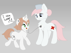 Size: 2600x1965 | Tagged: safe, artist:ana-ph, nurse redheart, oc, oc:healing touch, pony, g4, checkup, cute, excited, listening, practice, stethoscope, training