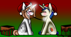 Size: 3624x1878 | Tagged: safe, artist:windigo-droplet, oc, oc only, oc:blissful trance, oc:healing touch, pony, checkup, christmas, cute, female, filly, hat, holiday, listening, present, santa hat, smiling, stethoscope