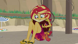 Size: 1192x670 | Tagged: safe, screencap, sunset shimmer, equestria girls, equestria girls specials, g4, my little pony equestria girls: better together, my little pony equestria girls: forgotten friendship, beach, book, feet, female, sandals, solo