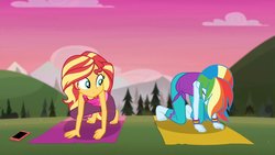 Size: 1920x1080 | Tagged: safe, screencap, rainbow dash, sunset shimmer, equestria girls, g4, my little pony equestria girls: choose your own ending, wake up!, wake up!: rainbow dash, barefoot, feet, female, yoga