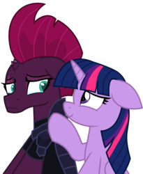 Size: 7162x8714 | Tagged: safe, artist:ejlightning007arts, tempest shadow, twilight sparkle, alicorn, pony, unicorn, g4, my little pony: the movie, armor, broken horn, duo, eye scar, horn, implied lesbian, implied shipping, implied tempestlight, sad, scar, simple background, sitting, support, teary eyes, transparent background, twilight sparkle (alicorn), vector