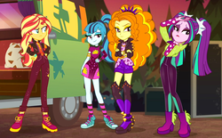 Size: 1418x880 | Tagged: safe, screencap, adagio dazzle, aria blaze, sonata dusk, sunset shimmer, human, equestria girls, equestria girls specials, g4, my little pony equestria girls: better together, my little pony equestria girls: sunset's backstage pass, boots, clothes, converse, cropped, crossed arms, dress, female, group, hand on hip, high heel boots, jacket, legs, minidress, music festival outfit, outdoors, pigtails, ponytail, quartet, shoes, shorts, smiling, smirk, sneakers, socks, spiked wristband, striped socks, sunset shimmer is not amused, taco dress, the dazzlings, the dazzlings tour bus, twintails, unamused