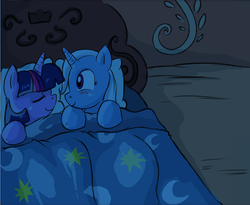 Size: 549x451 | Tagged: safe, artist:darkstarchan, trixie, twilight sparkle, pony, g4, bed, cropped, female, golden oaks library, lesbian, ship:twixie, shipping, sleeping