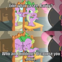 Size: 710x710 | Tagged: safe, edit, edited screencap, screencap, pinkie pie, spike, dragon, pony, g4, party of one, ashamed, embarrassed, female, funny, interrogation, looking good spike, male, mare, meme, mirror, nervous, poor spike, spotlight