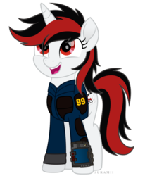 Size: 812x984 | Tagged: safe, artist:sgtsanttu, artist:sirhcx, artist:suramii, oc, oc only, oc:blackjack, pony, unicorn, fallout equestria, fallout equestria: project horizons, g4, my little pony: the movie, clothes, fanfic, fanfic art, female, hooves, horn, jumpsuit, mare, movie accurate, open mouth, pipbuck, security armor, simple background, solo, transparent background, vault security armor, vault suit