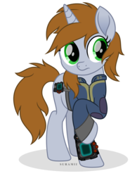 Size: 789x1012 | Tagged: safe, artist:suramii, oc, oc only, oc:littlepip, pony, unicorn, fallout equestria, g4, my little pony: the movie, clothes, fanfic, fanfic art, female, hooves, horn, jumpsuit, mare, movie accurate, pipbuck, raised hoof, simple background, solo, transparent background, vault suit, vector