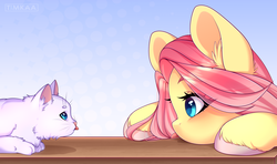 Size: 4602x2724 | Tagged: safe, artist:yuozka, fluttershy, cat, pegasus, pony, g4, cute, daaaaaaaaaaaw, ear fluff, eye contact, female, high res, looking at each other, mare, prone, shyabetes, signature, simple background, tongue out, unshorn fetlocks