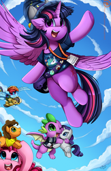 Size: 2550x3909 | Tagged: safe, artist:pridark, cheese sandwich, daring do, pinkie pie, rainbow dash, rarity, spike, twilight sparkle, alicorn, dragon, earth pony, pegasus, pony, bronycon, bronycon 2019, g4, badge, bag, clothes, cloud, cloudy, con badge, cute, dashabetes, diapinkes, female, flying, happy, hat, high res, looking at you, male, meme, one eye closed, open mouth, patreon, patreon logo, plushie, rarity plushie, shirt, signature, sky, smiling, spikabetes, spread wings, twiabetes, twilight sparkle (alicorn), winged spike, wings, wizard hat