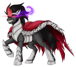 Size: 1024x906 | Tagged: safe, artist:randomlydoodles, king sombra, pony, umbrum, g4, armor, cape, clothes, dark magic, evil smile, glowing horn, grin, horn, magic, male, nudity, raised hoof, redraw, sheath, signature, simple background, smiling, solo, sombra eyes, stupid sexy sombra, transparent background