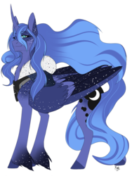 Size: 1200x1600 | Tagged: safe, artist:kriss348, princess luna, pony, g4, coat markings, dappled, ethereal mane, ethereal tail, eye clipping through hair, female, folded wings, hood, peytral, redesign, signature, smiling, solo, unshorn fetlocks, windswept mane, wings